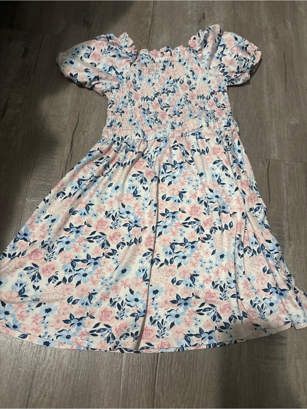 BCBGirls Pink and Blue Floral Puff-Sleeve Smocked Dress